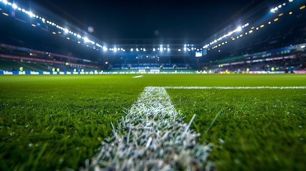 Green Soccer Field with White Lines Under Stadium Lights