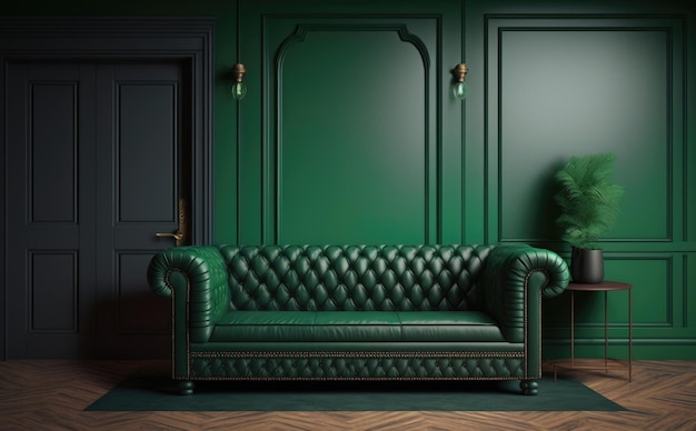 Green sofa in a dark room. home interior. apartment. ai generate