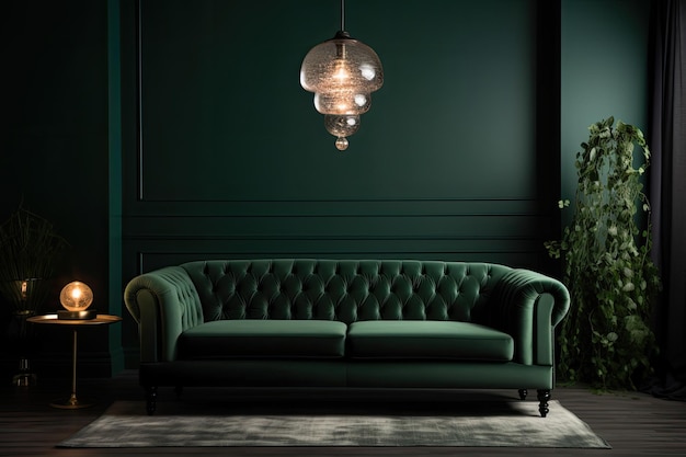 A green sofa in a dark room with a lamp hanging from the ceiling.