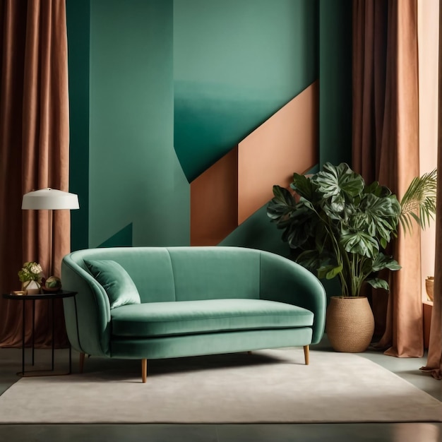 a green sofa in front of a wall with a geometric pattern