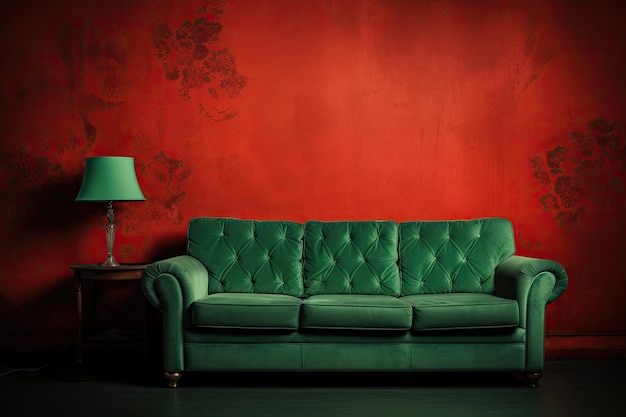 Green sofa and red background