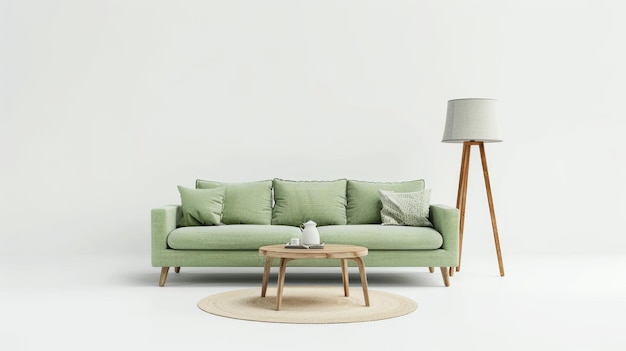 Green sofa with coffee table and lamp generative ai