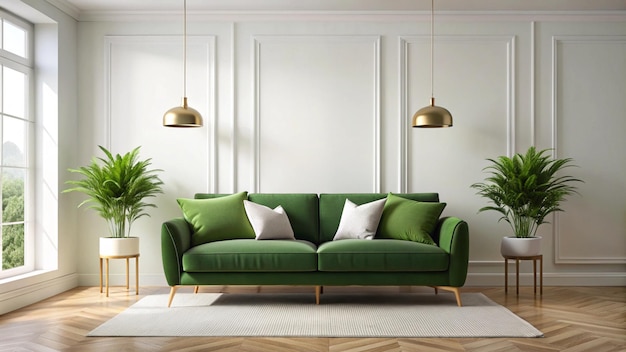 green sofa with a gold lamp above it