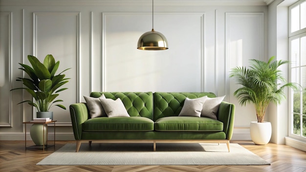 green sofa with green cushions and a gold lamp above it