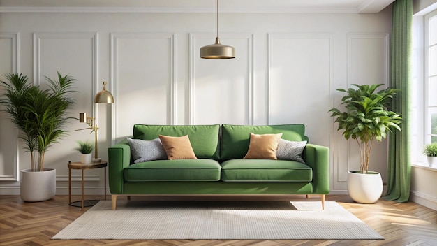 green sofa with a green sofa and a lamp