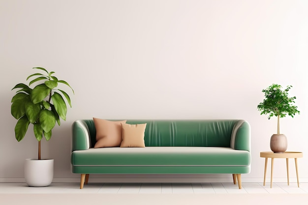 Green sofa and wooden table in living room interior with plantwhite wall