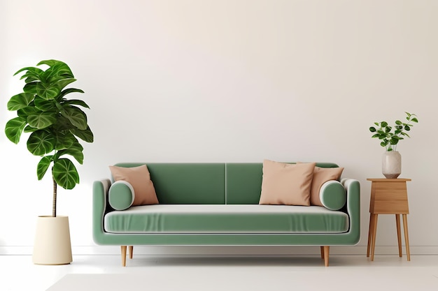 Green sofa and wooden table in living room interior with plantwhite wall