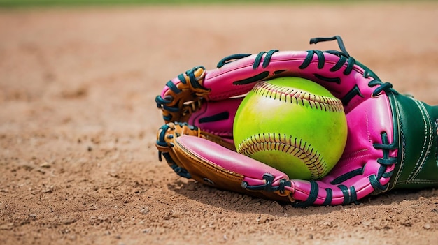 Photo green softball and pink softball glove on field