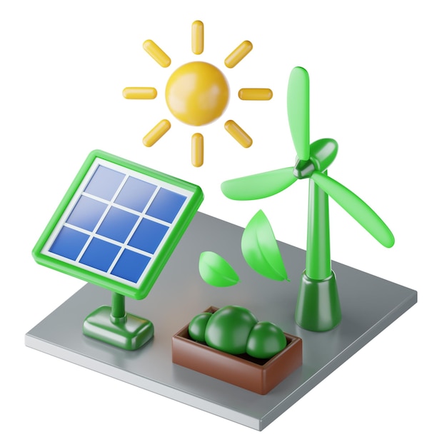 A green solar panel with a wind turbine and a sun on it.