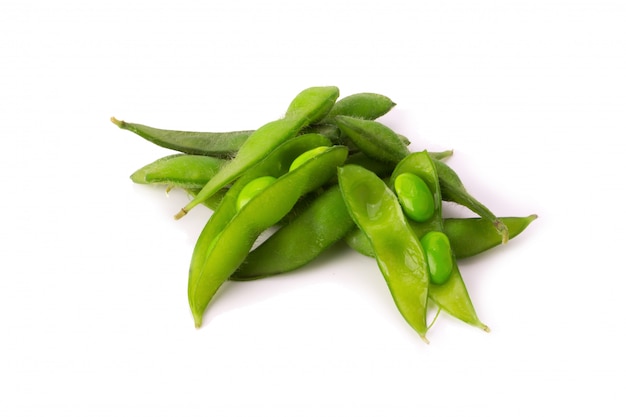 Green soybeans on white background