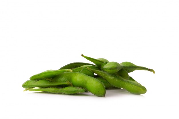 Green soybeans on white background