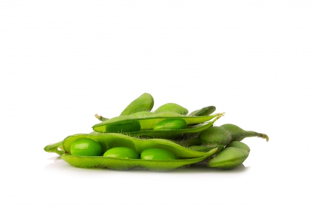 Green soybeans on white background