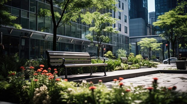 Photo a green space in an urban area with benches and native plants