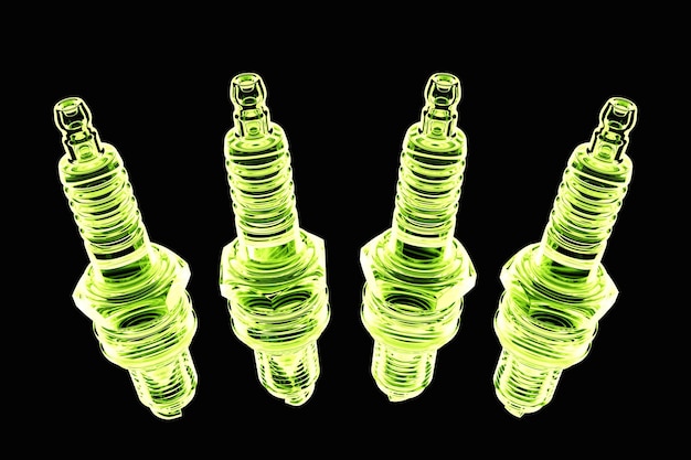 Green spark plugs on black background 3d illustration Car Repair Parts