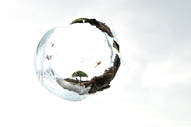 Photo green sphere landscape with grass and clear water. mixed media