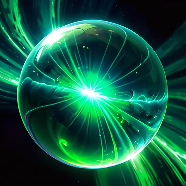 a green sphere with a green background and a space ship in the center