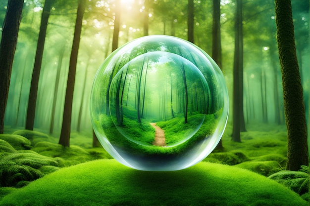 Photo a green sphere with a person walking in the forest