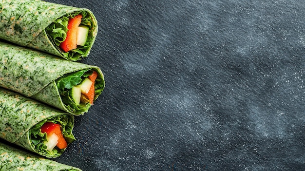 Green Spinach Wraps with Vegetables on Black Slate Background