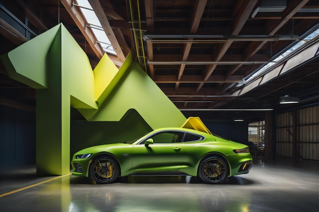 Green sport car in garage interior generative ai