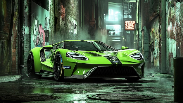 a green sports car is parked in a dark alley