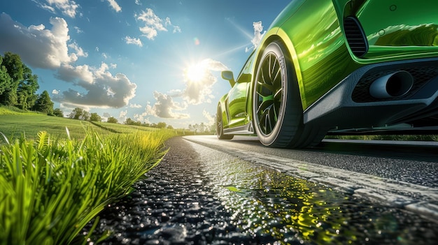 Photo the green sportscar on road