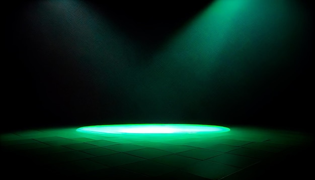 Green spotlights shine on stage floor in dark room idea for background backdrop mockup AI generative