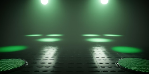 Green spotlights shine on stage floor in empty dark room idea for background