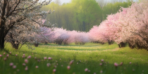 Green spring meadow on colorful background White color background Spring flowers Green nature Natural background Spring summer landscape