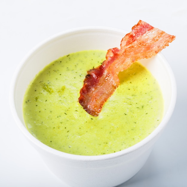 Green spring pea soup with bacon