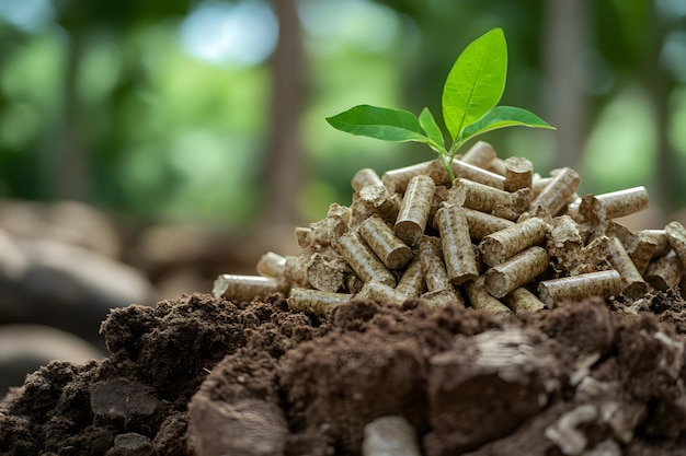 Photo a green sprout growing from a pile of wood pellets