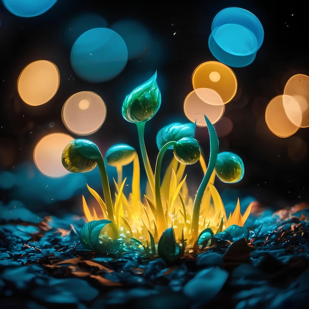 Green sprouts in dark soil against a blurred background symbolizing the concept of growth and potent