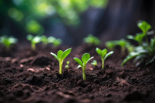 Green sprouts in dark soil against a blurred background symbolizing the concept of growth and potent