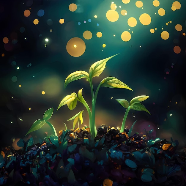 Green sprouts in dark soil against a blurred background symbolizing the concept of growth and potent