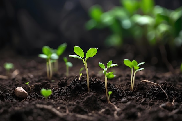 Green sprouts in dark soil against a blurred background symbolizing the concept of growth and potent