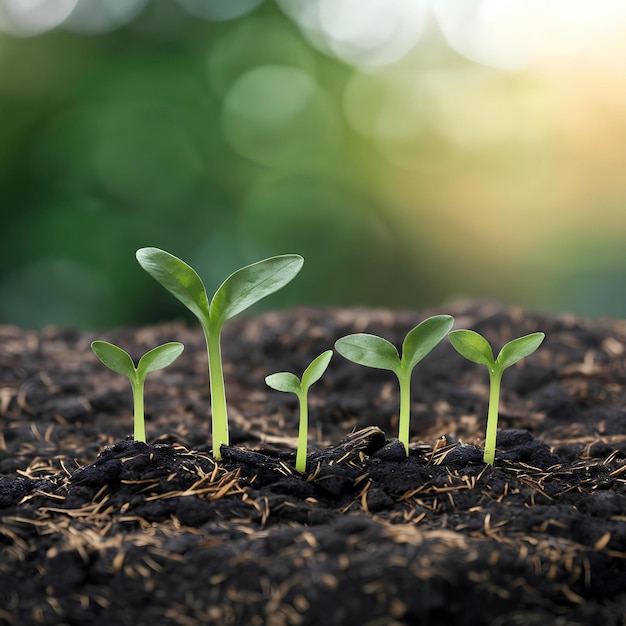 Green sprouts in dark soil against a blurred background symbolizing the concept of growth and potent