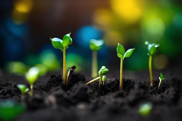 Green sprouts in dark soil against a blurred background symbolizing the concept of growth and potent