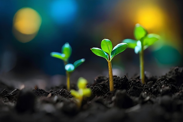 Green sprouts in dark soil against a blurred background symbolizing the concept of growth and potent