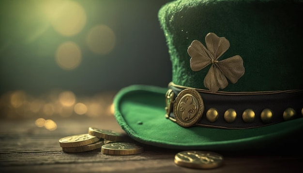 Green St Patricks hat with shamrock and golden coins