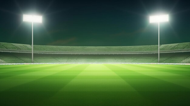 Green stadium with lights on the field