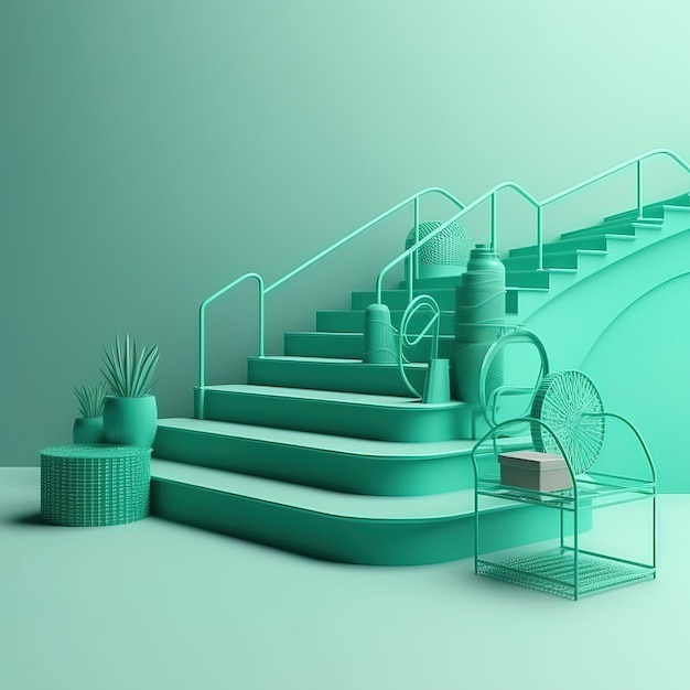 A green staircase with a plant pot and a chair on the left.