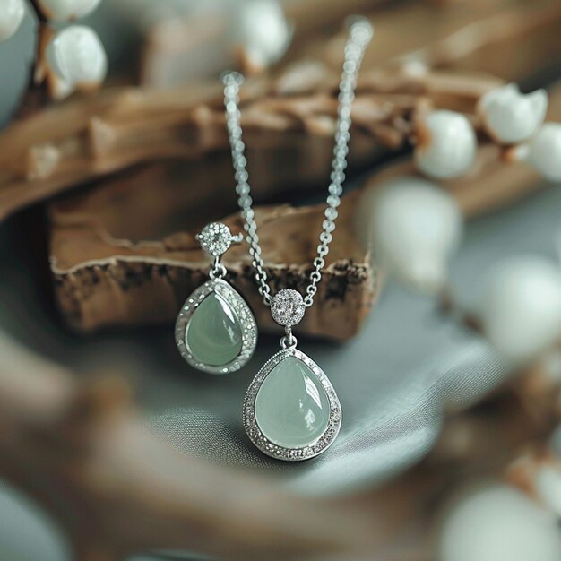 a green stone necklace with diamonds on it pale blue teardrop shaped stones and white diamond