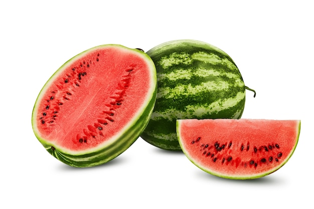 Green-striped watermelon with slice isolated on white background