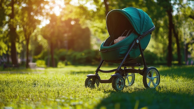 Photo a green stroller sits in a sunlit park on a grassy area while soft light filters through the trees during late afternoon hours