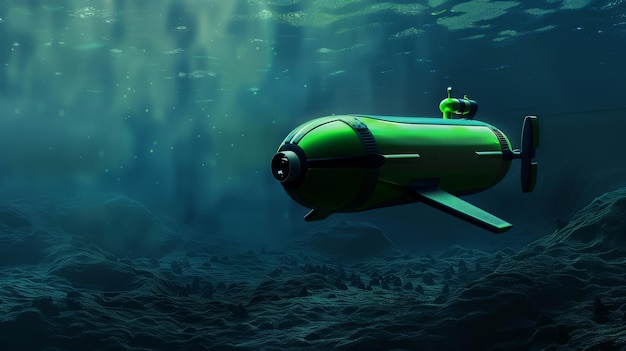 Green submarine exploring the ocean floor