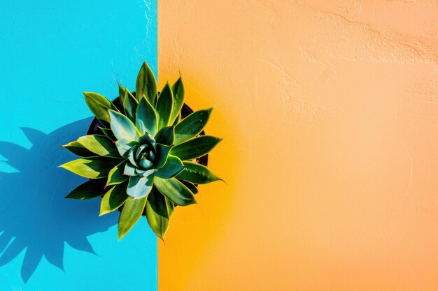 Photo green succulent plant on blue and orange background