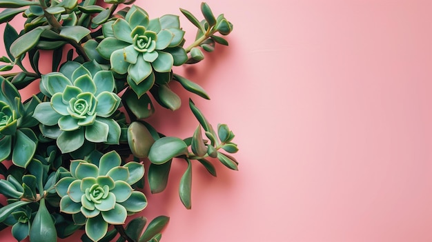 A green succulent plant with layered petals on a pink background