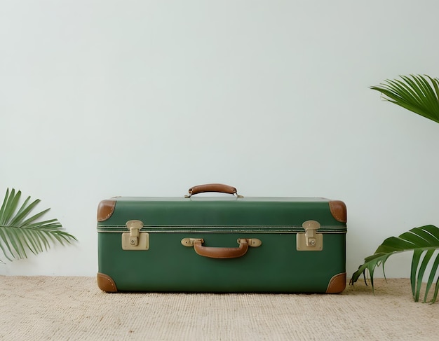 a green suitcase with brown handles and a green case on the floor