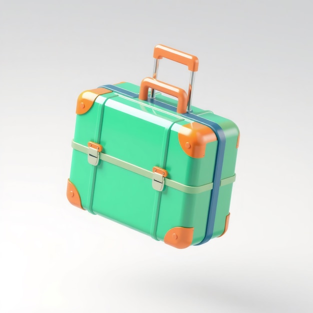 Photo green suitcase with orange accents and handle isolated on white