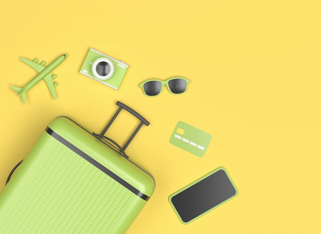 green suitcase with sunglasses, smartphone, credit card and little plane on yellow background.