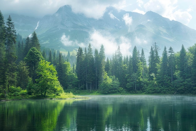 Green summer forest with spruce and pine trees mountain lake river